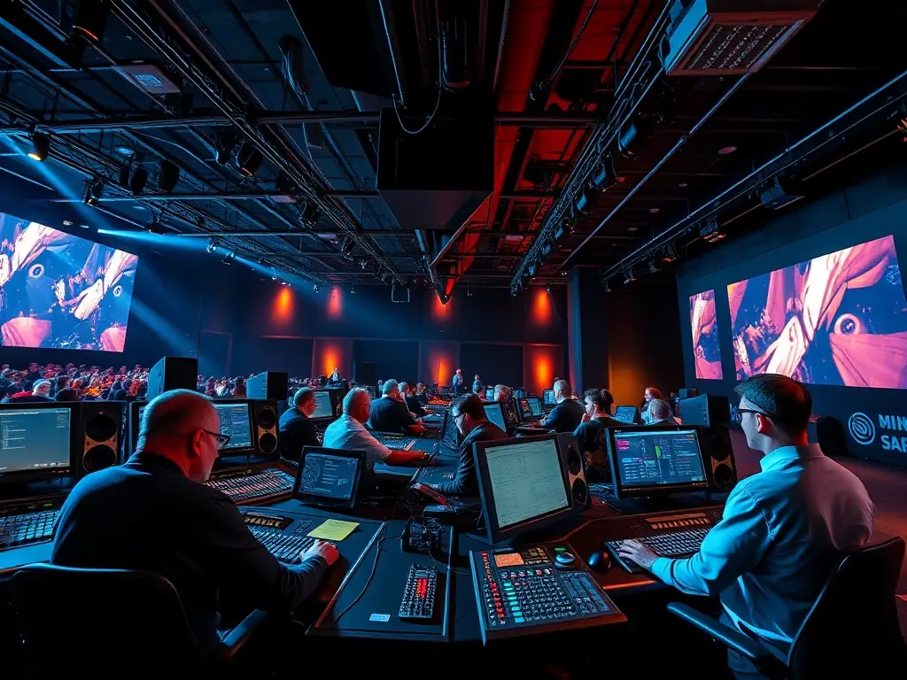 A photo of a professional sound and lighting control booth during a live performance, highlighting PISOKING CASINO's technical production expertise.