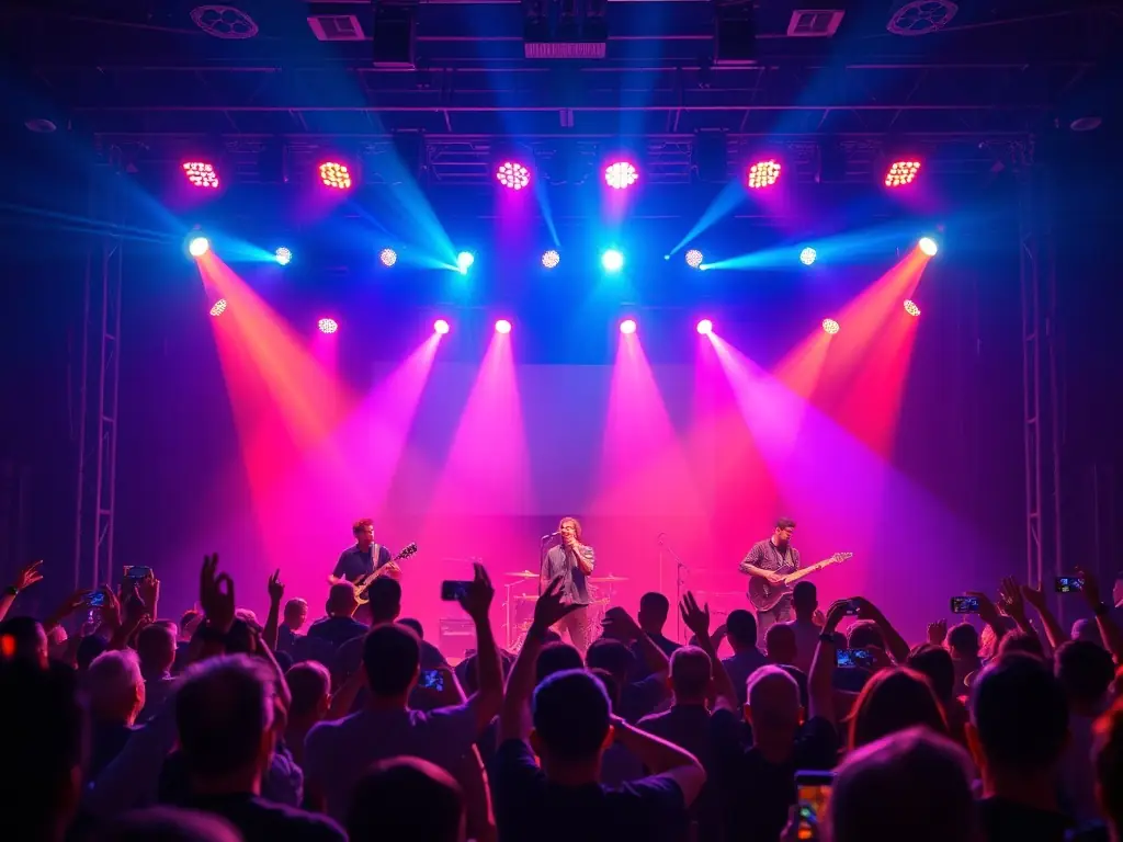 An image of a live band performing on stage with enthusiastic crowd, highlighting PISOKING CASINO's artist and talent management services.