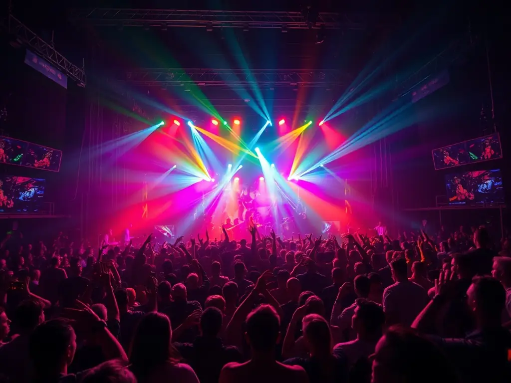 An image of a vibrant stage setup with dynamic lighting and a live audience enjoying a concert, representing PISOKING CASINO's event planning and design services.