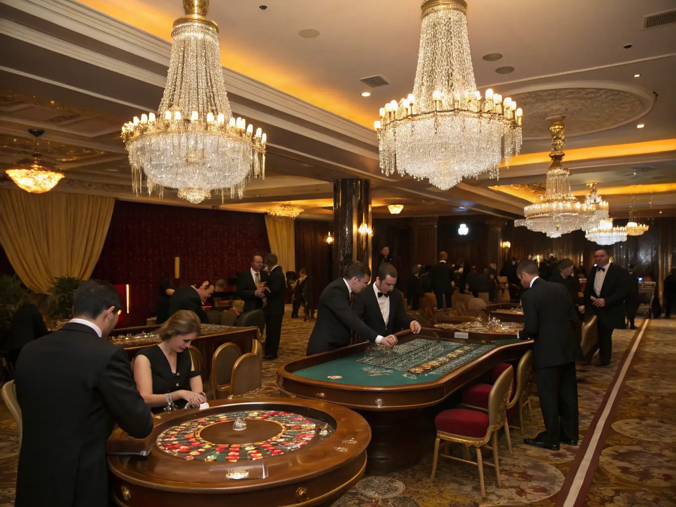 An image of a casino table with musicians interacting with the players, creating a lively and interactive gaming experience. The setting is upscale and inviting, with elegant decorations.