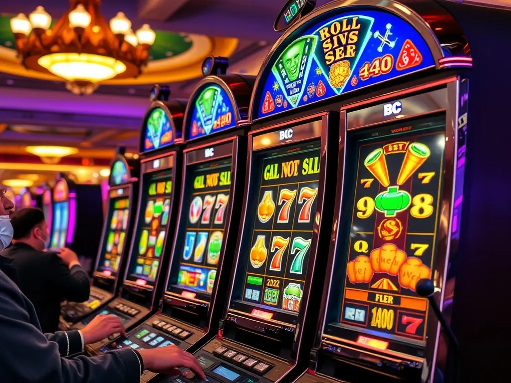 A dynamic image showing a slot machine integrated into a larger event setup, complete with stage lighting, sound systems, and a cheering crowd.