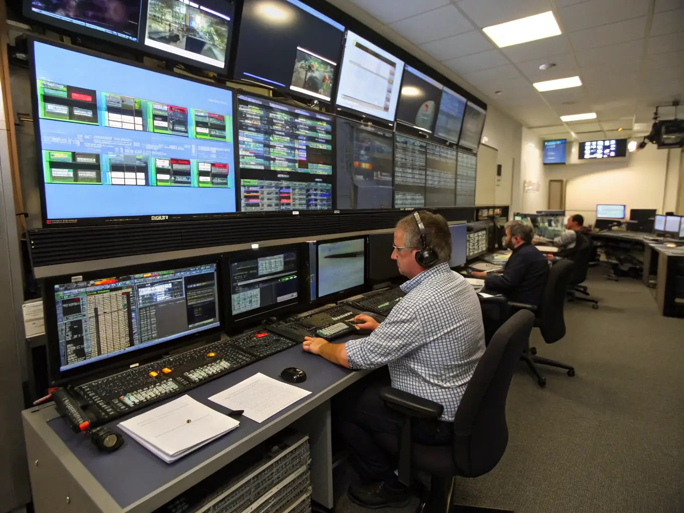 A photo of a professional sound and lighting control booth during a live performance, showcasing PISOKING CASINO's technical production capabilities.