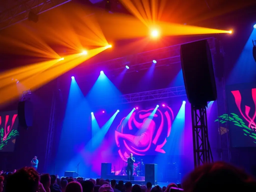 A vibrant stage setup with dynamic lighting and a live audience enjoying a concert, showcasing PISOKING CASINO's event planning and design capabilities.